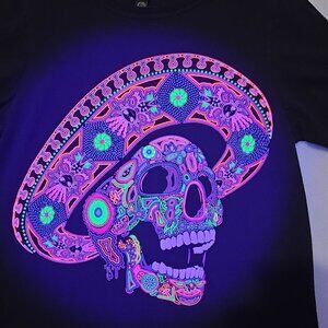 Y2k Trippy Sugar Skull Sombrero Neon Graphic Tee Shirt Size Small Black Light